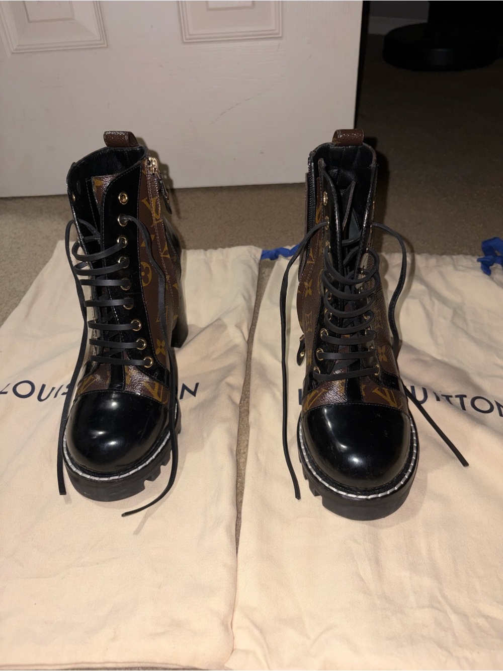 Louis Vuitton Brown Monogram Lace-Up Combat Boots with Black Patent Toe